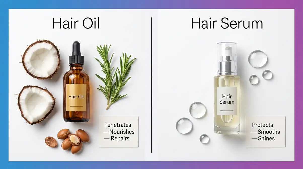 Hair oil versus hair serum side by side flat lay comparison showing penetrating oil and protective serum products