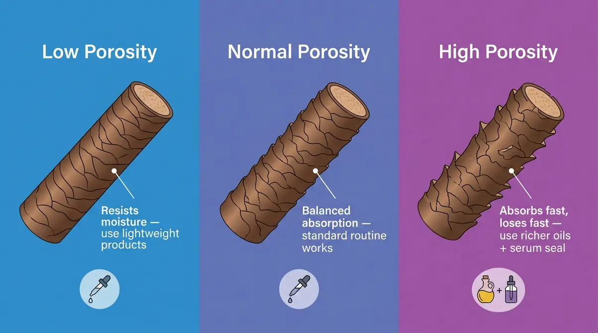 Hair porosity types illustration showing low normal and high porosity cuticle structure for oil and serum selection