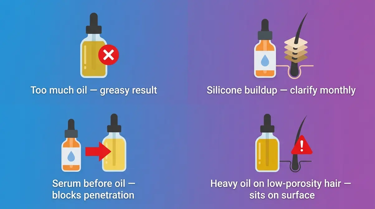 Hair oil and serum common pitfalls infographic showing greasy hair buildup wrong application order mistakes