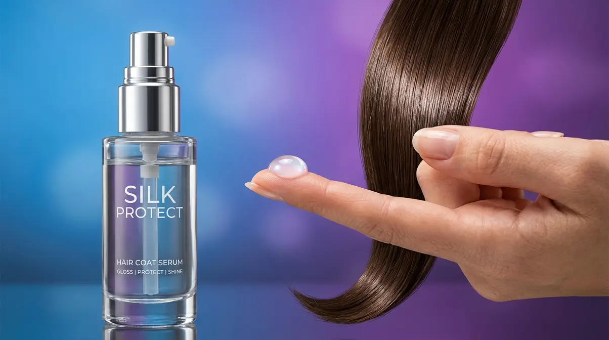 Hair serum pump bottle dispensing silky protective serum shown next to smooth glossy hair strand