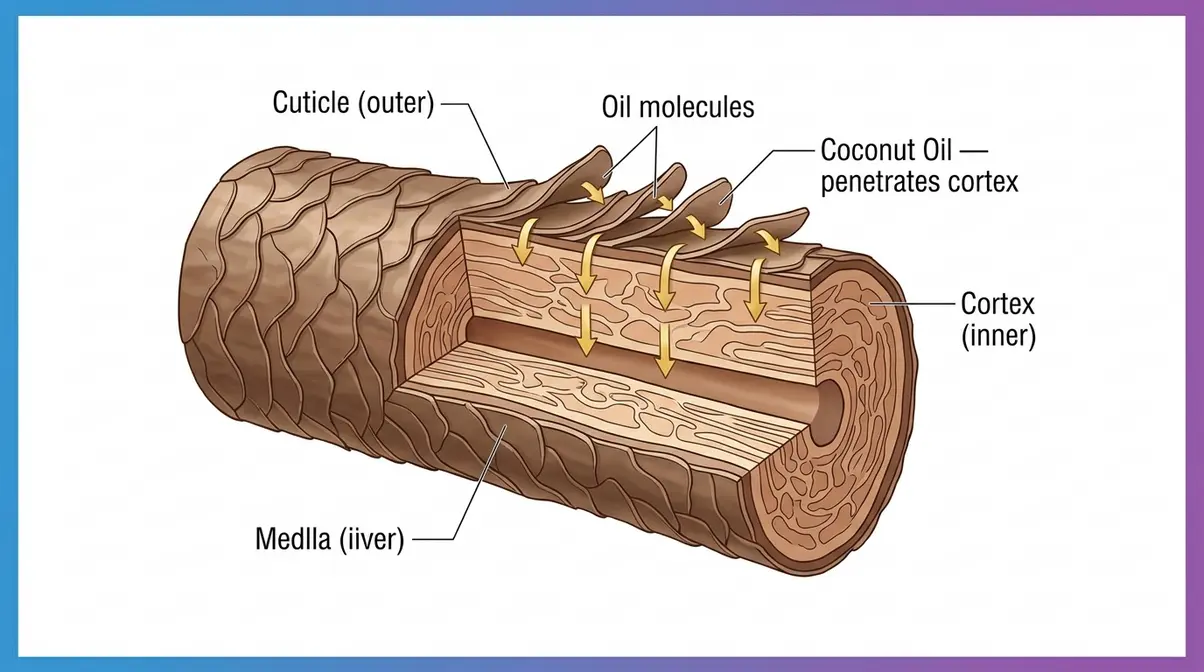 Hair shaft cross-section diagram showing how hair oil molecules penetrate through the cuticle into the cortex