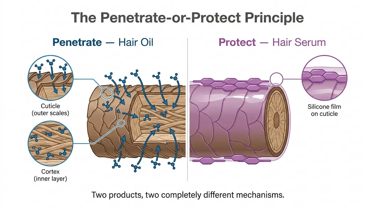 Hair oil vs hair serum penetrate or protect principle diagram showing molecular penetration versus surface coating