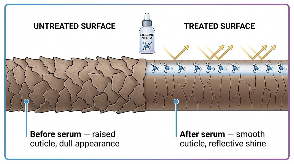 Hair cuticle diagram showing silicone serum molecules coating and smoothing raised cuticle scales for shine