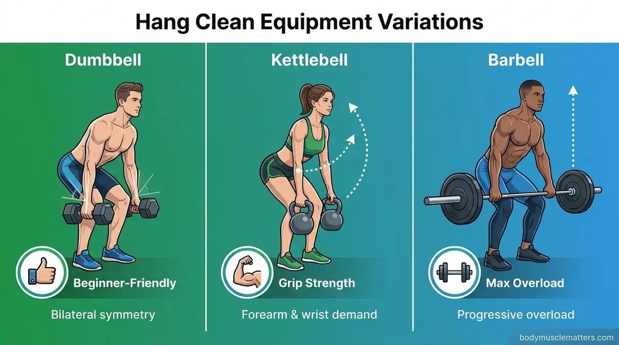Dumbbell kettlebell and barbell hang clean equipment variations comparison showing grip positions and setup