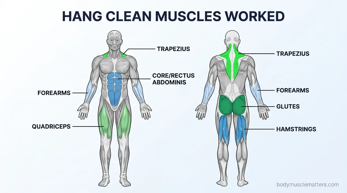 Hang clean muscles worked full anatomy diagram showing glutes hamstrings trapezius and core activation zones