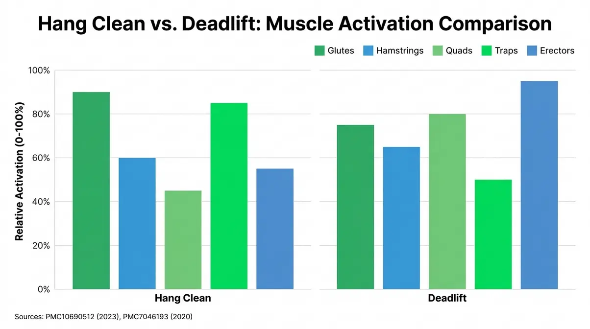 Hang clean versus deadlift muscle activation comparison chart showing glutes hamstrings quads traps and erectors