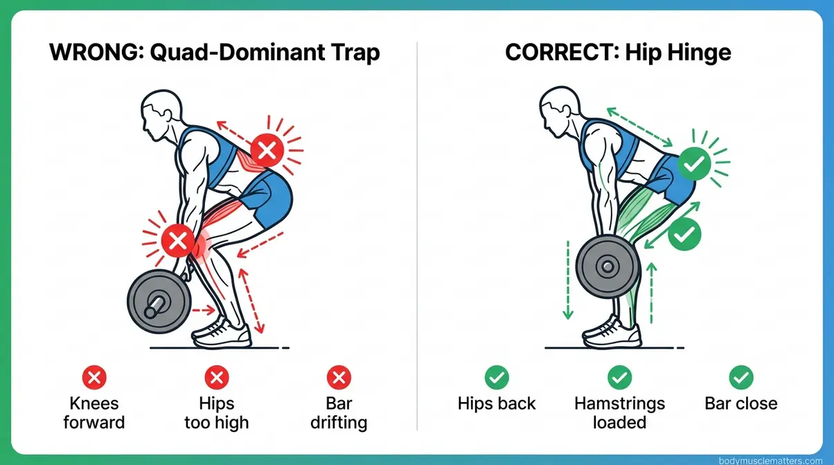 Coaching cue diagram showing correct hang clean hip hinge versus quad dominant mistake side by side