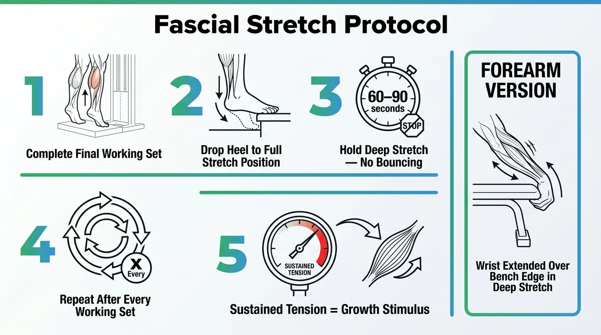 Step-by-step diagram of the fascial stretch technique for calves and forearms showing five protocol stages
