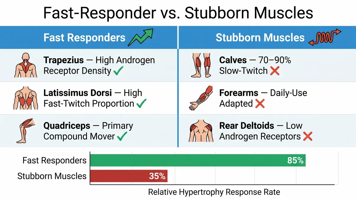 Side-by-side comparison chart of fast-responder muscles versus the hardest muscles to build by androgen receptor density and fiber type