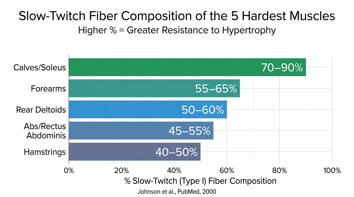 Bar chart comparing slow-twitch fiber percentages of the five hardest muscles to build including calves forearms and rear delts