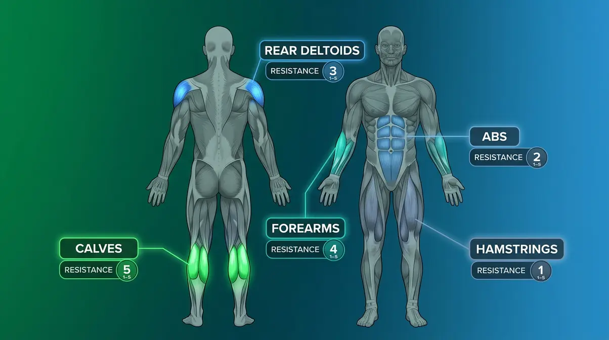 Anatomical diagram ranking the five hardest muscles to build including calves forearms rear deltoids abs and hamstrings