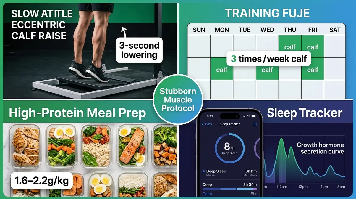 Four-panel guide showing progressive overload frequency nutrition and sleep protocols to force stubborn muscles to grow