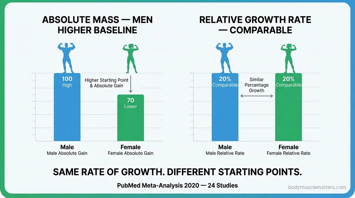 Bar chart comparing male and female relative muscle growth rates showing both sexes build muscle at comparable rates