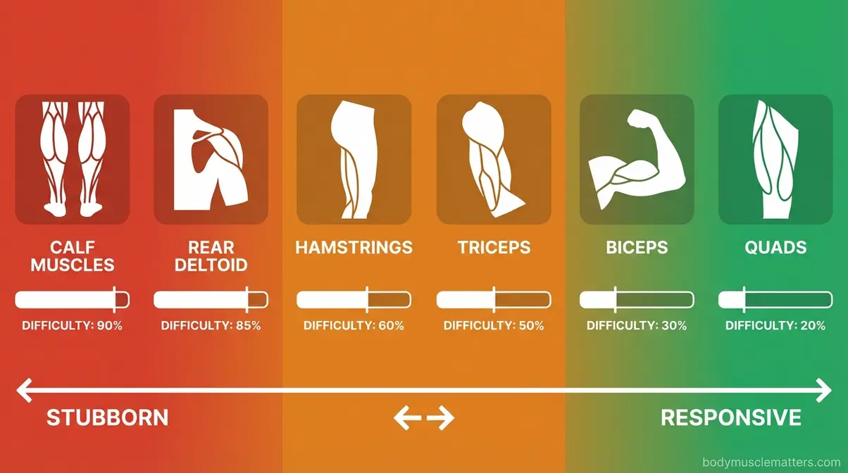 Muscle growth difficulty spectrum showing hardest to easiest muscles to build based on fiber composition