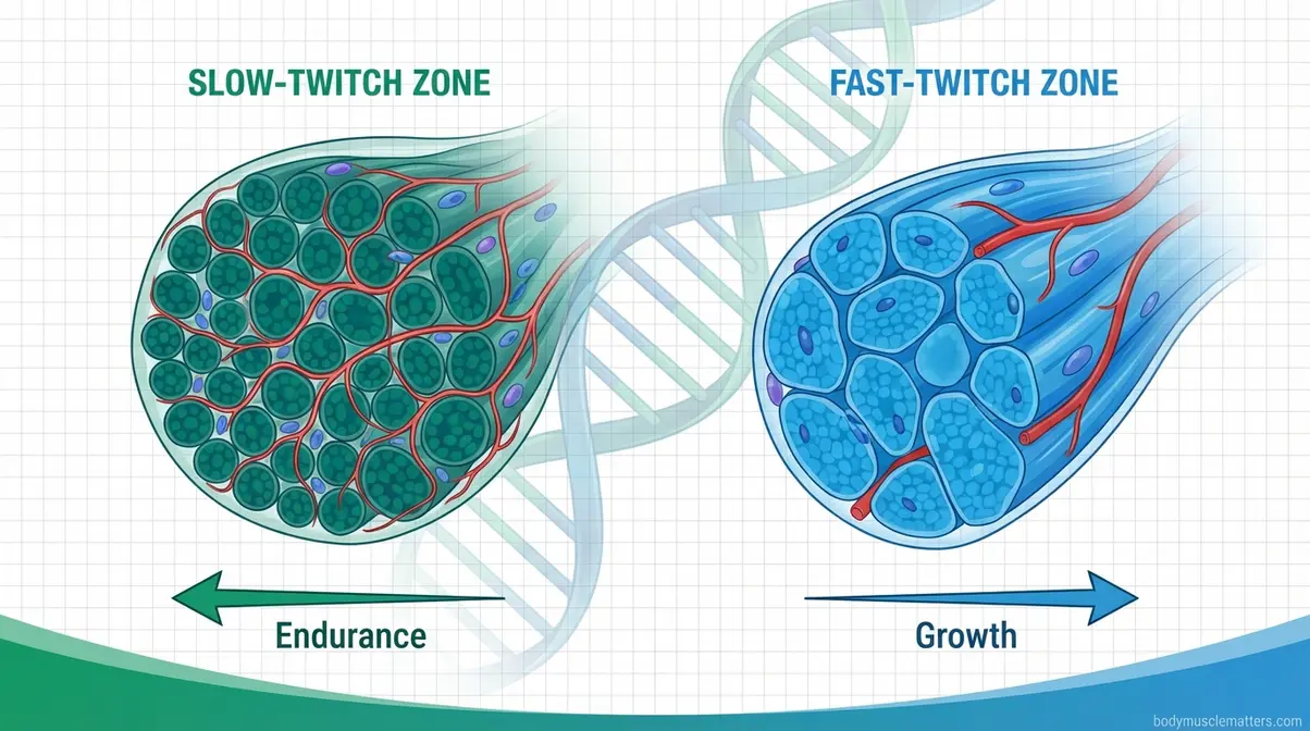 Scientific illustration of muscle fiber cross-section showing why some muscles resist growth and are the hardest to build