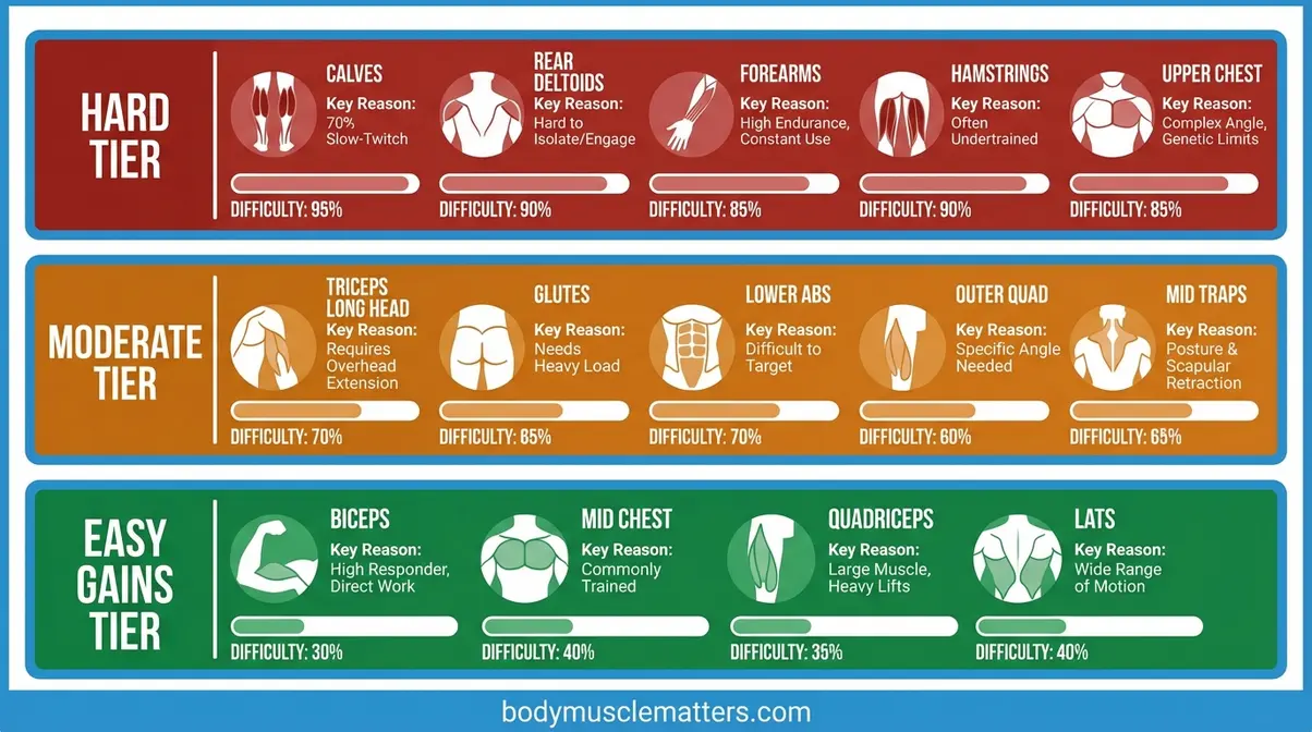 Tier list infographic ranking the hardest muscles to build from most stubborn to easiest based on fiber composition