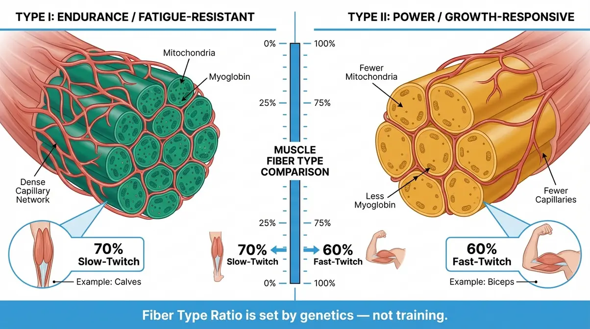 Anatomy diagram comparing slow-twitch and fast-twitch muscle fibers explaining why the hardest muscles to build resist hypertrophy