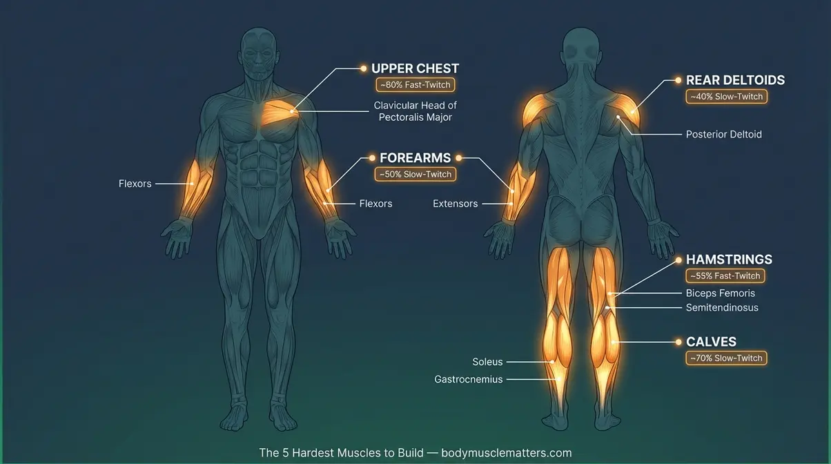 Anatomical diagram of the five hardest muscles to build including calves rear deltoids forearms hamstrings and upper chest