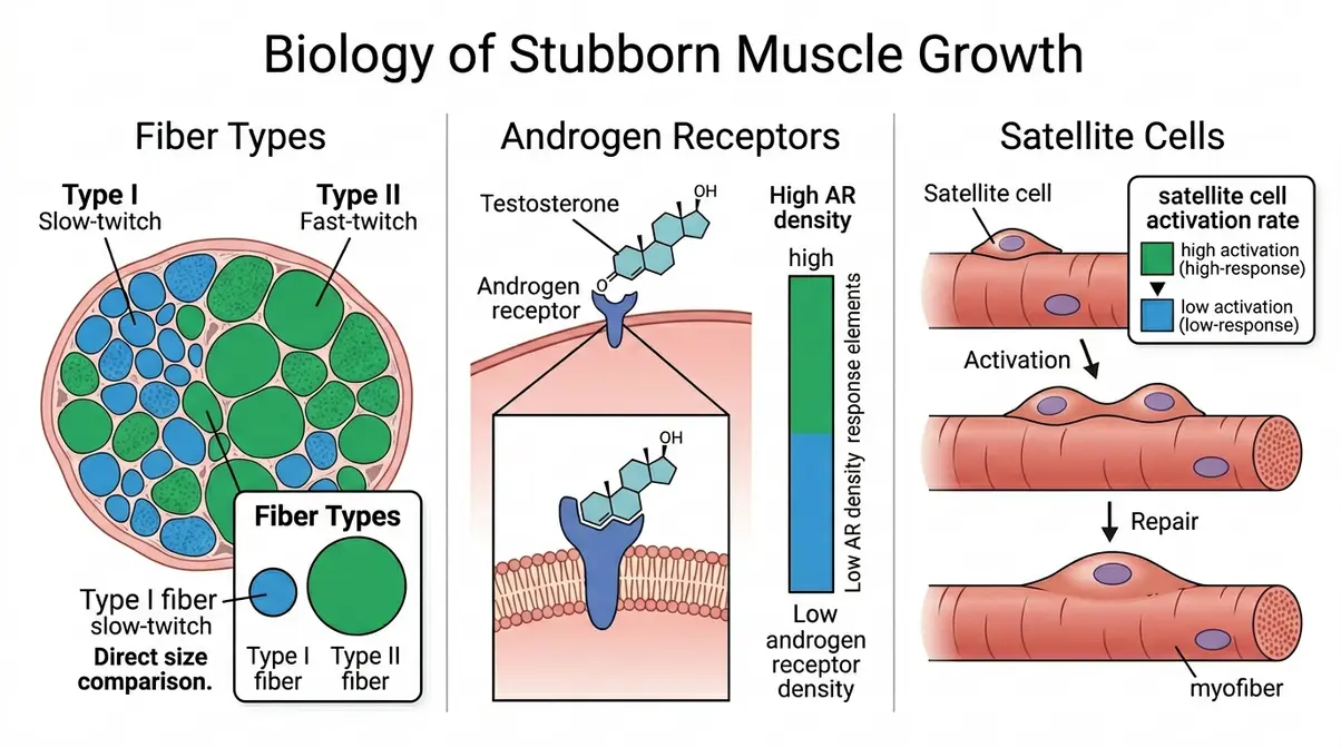 Scientific diagram showing fiber types androgen receptors and satellite cells explaining why stubborn muscles resist growth