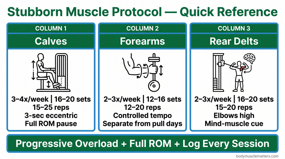Exercise cheat sheet summarizing protocols for the hardest muscles to build including calves forearms and rear delts with sets reps and tempo