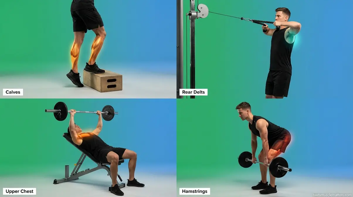 Training exercises for the four hardest muscles to build including calves rear delts upper chest and hamstrings