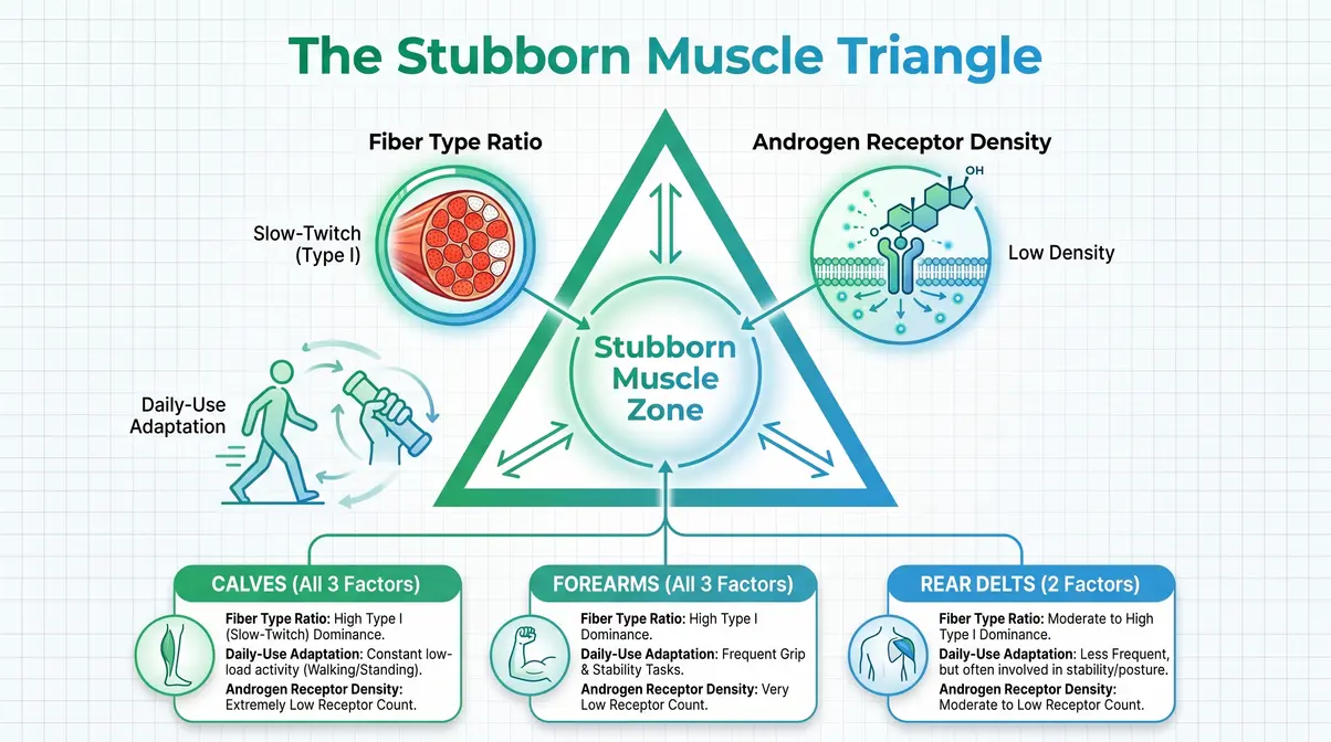 Stubborn Muscle Triangle diagram showing fiber type, daily-use adaptation, and androgen receptor density factors for the hardest muscles to build