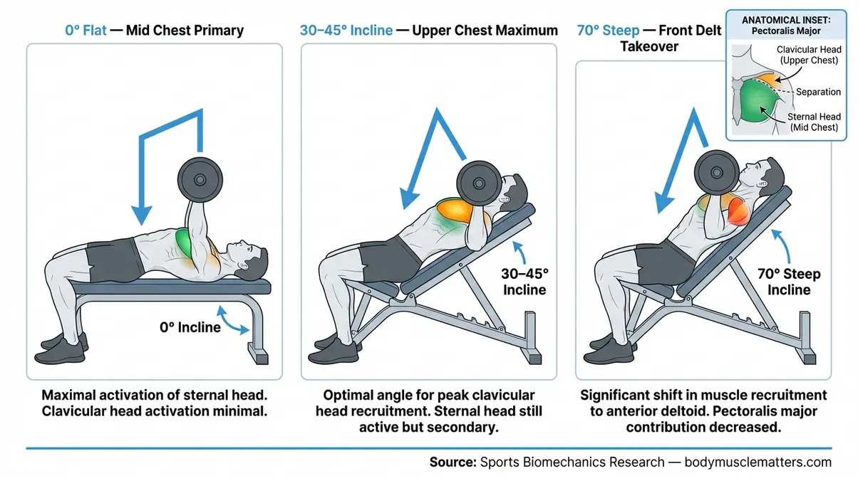 Diagram showing how incline angle affects upper chest versus mid chest activation in press movements