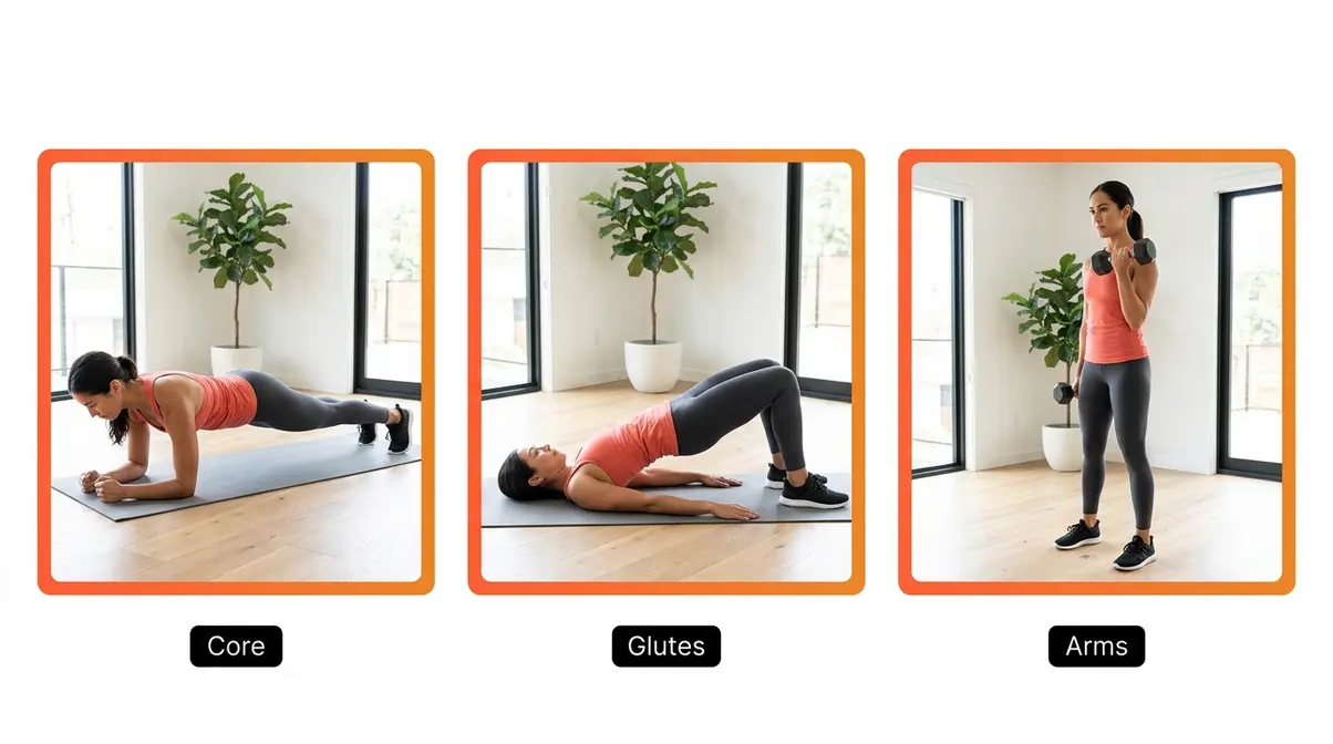HASfit home workouts by muscle group showing core plank, glute bridge, and dumbbell curl exercises