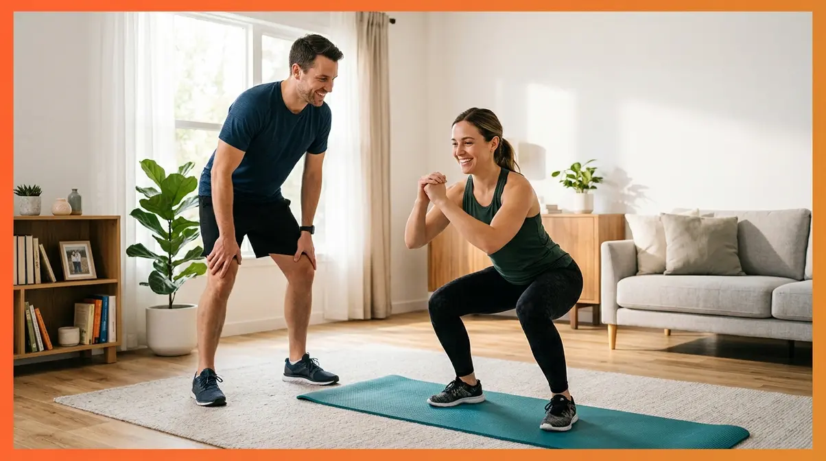 HASfit home workout platform overview showing two trainers exercising together in a bright living room