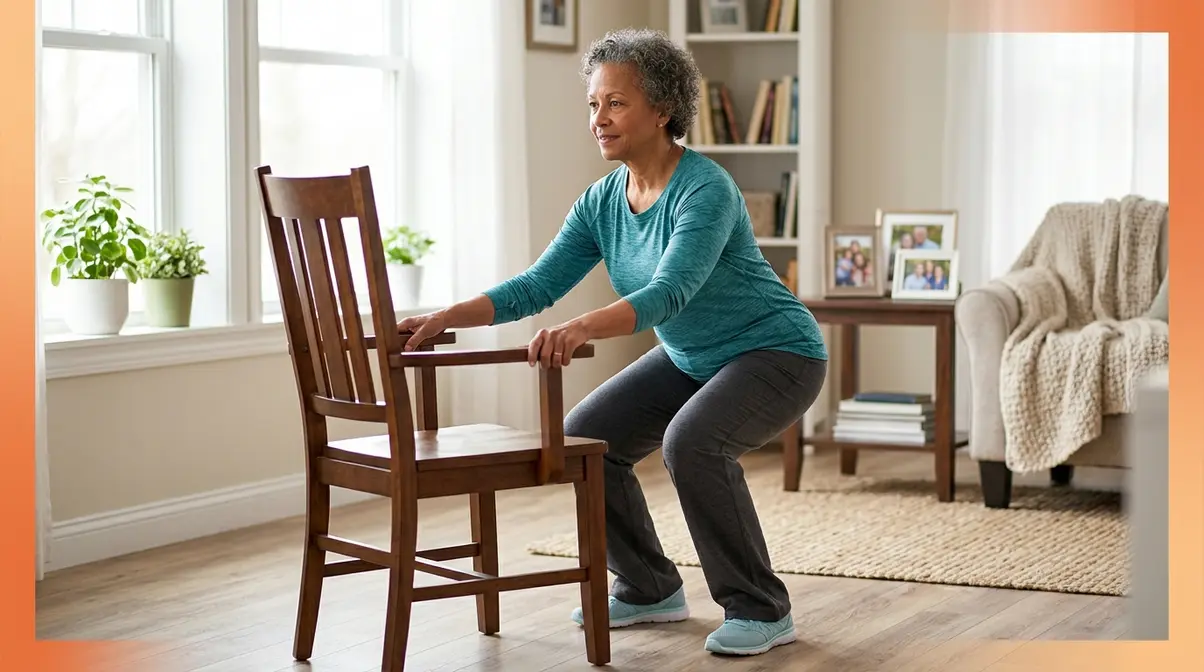 HASfit senior home workout showing older adult performing chair-assisted squat exercise safely indoors