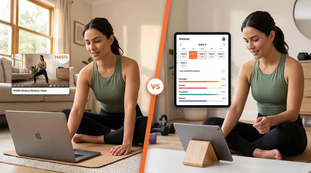 HASfit free YouTube library versus VIP App comparison showing laptop and mobile app side by side
