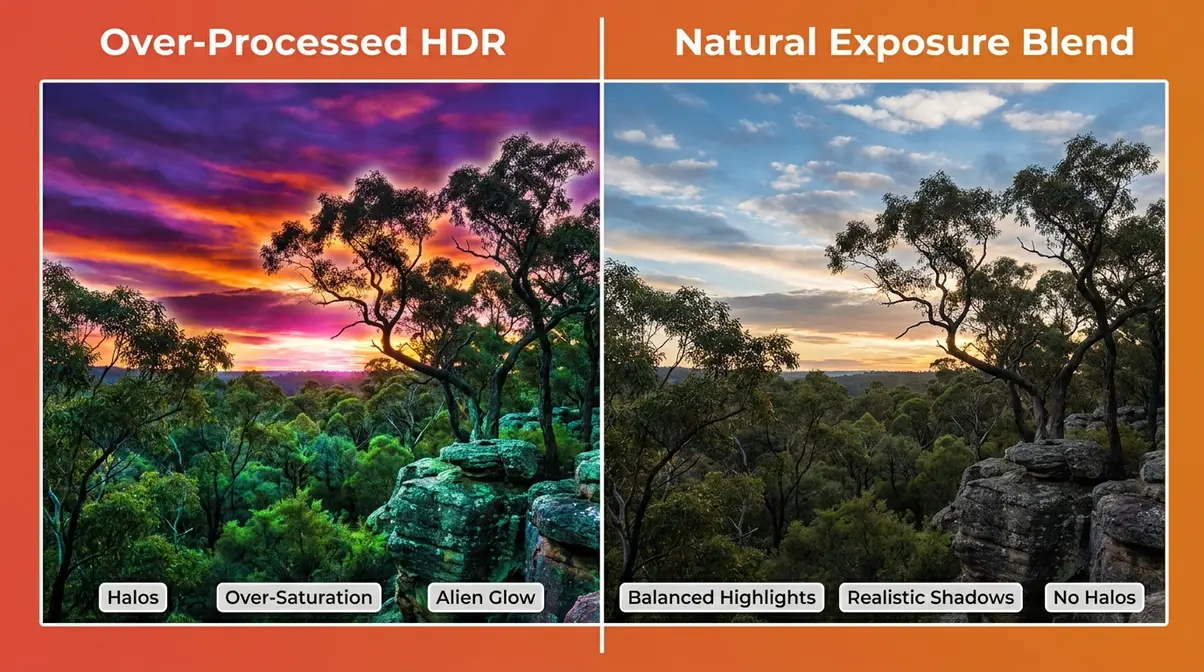 Good HDR vs bad HDR photography comparison showing natural exposure blend versus over-processed tone mapping with halos