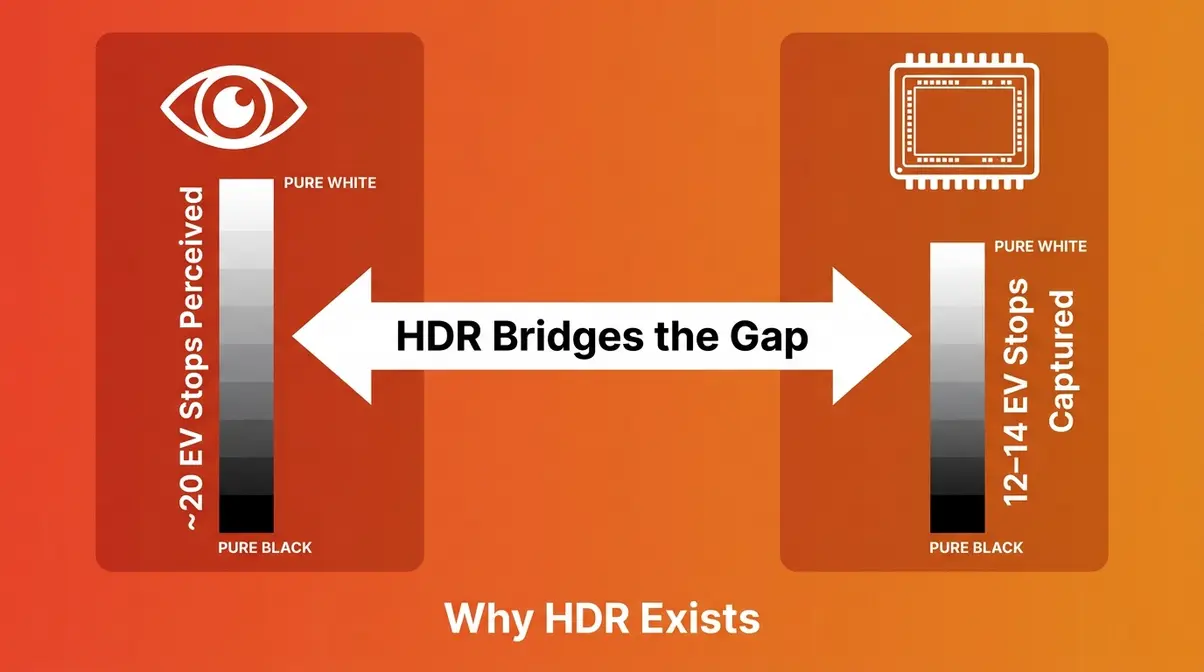 HDR photography infographic comparing human eye 20 EV stops versus camera sensor 12 to 14 EV stops dynamic range