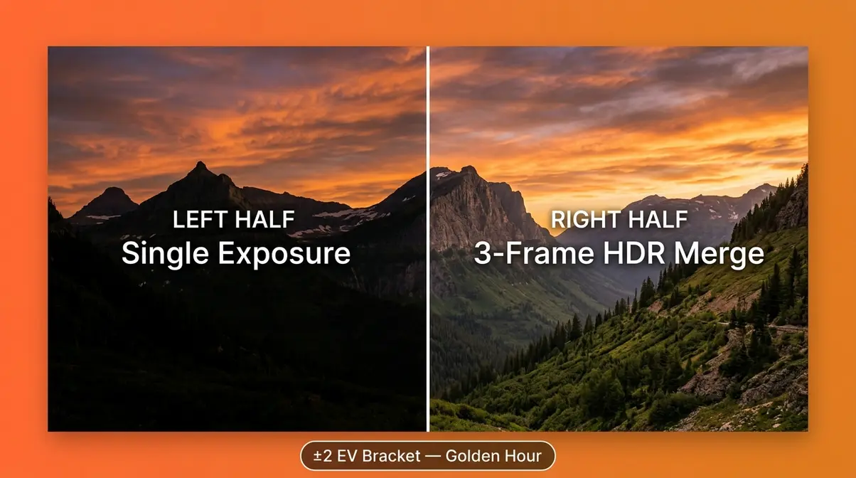 HDR landscape photography before and after comparison showing sky and foreground detail with three frame bracket merge