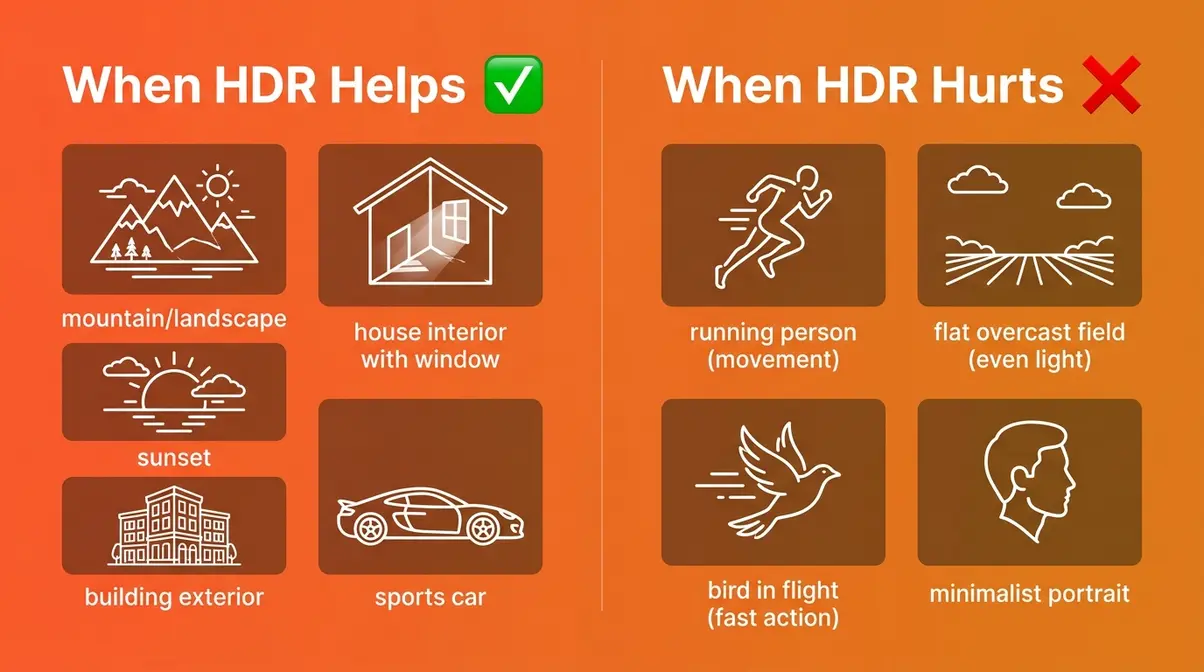 HDR photography benefits and pitfalls comparison chart showing when to use and when to skip HDR technique
