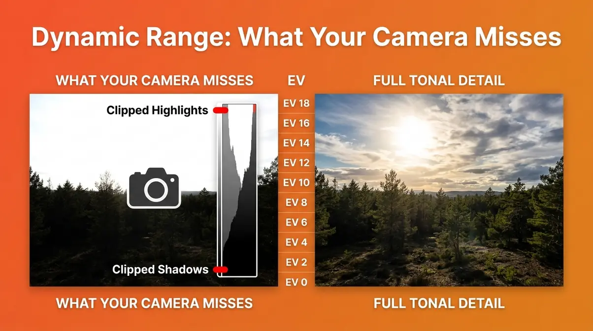 HDR photography dynamic range illustration showing what camera misses versus what the human eye sees