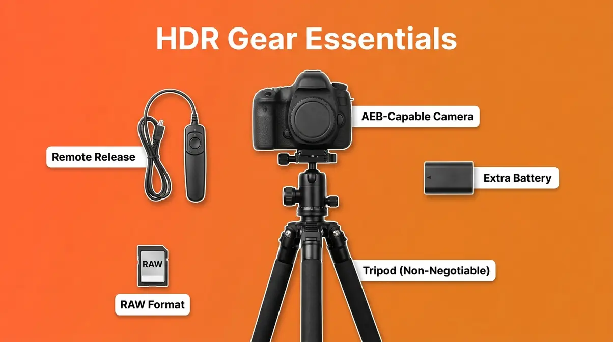 HDR photography essential gear flat lay showing camera tripod remote shutter release and RAW memory card