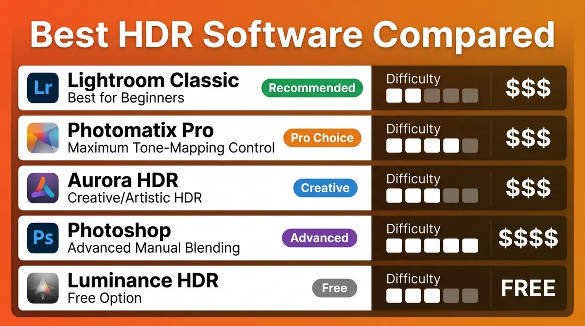 HDR photography software comparison chart showing Lightroom Classic Photomatix Aurora HDR and free options