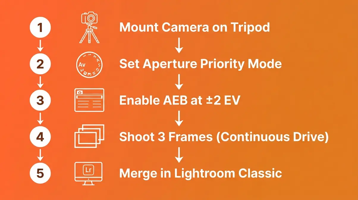 HDR photography step by step workflow diagram showing camera setup bracketing and Lightroom merge process