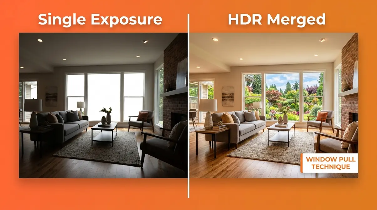 HDR real estate photography before and after showing blown out window versus HDR merged interior with outdoor view