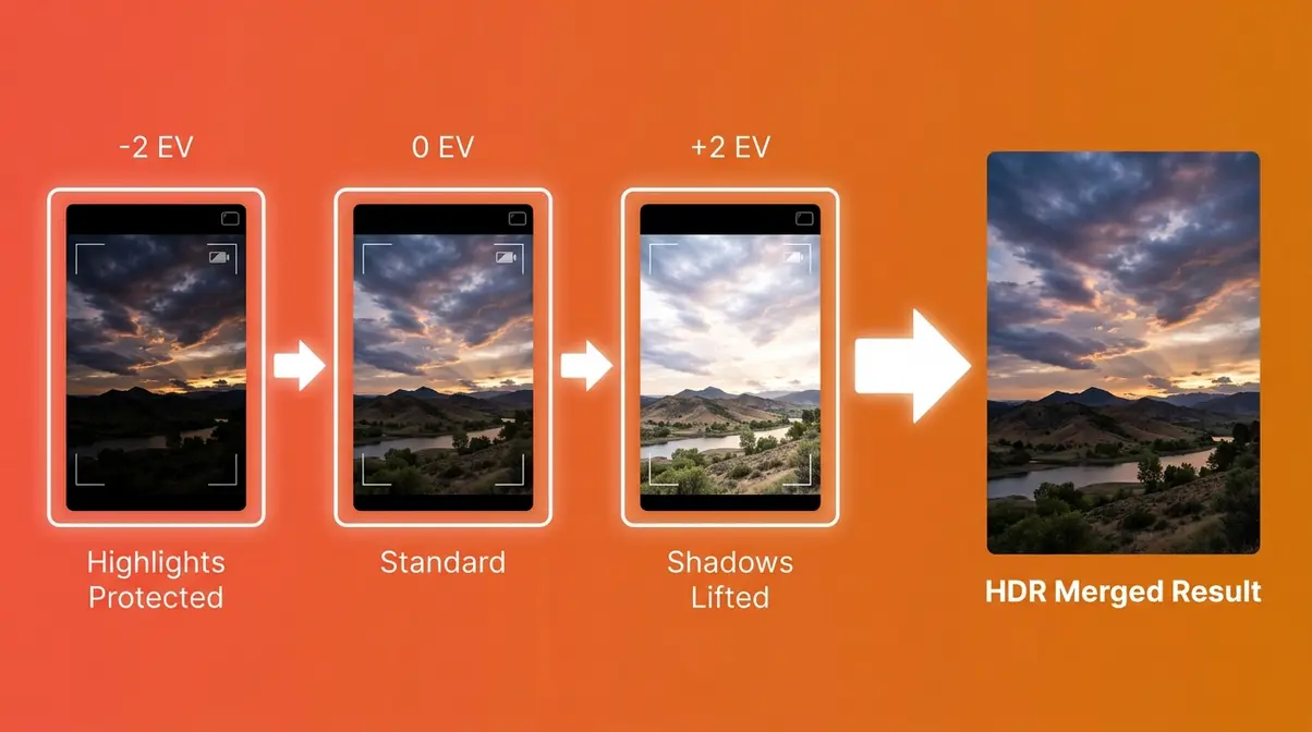 Three-exposure HDR bracketing sequence diagram showing underexposed normal and overexposed shots merging into final result