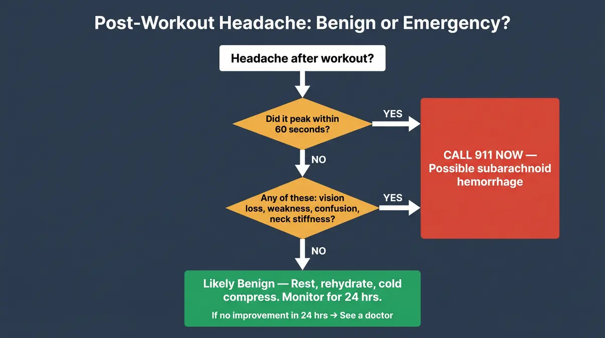 Flowchart helping exercisers determine if their headache after workout is benign or a medical emergency requiring 911