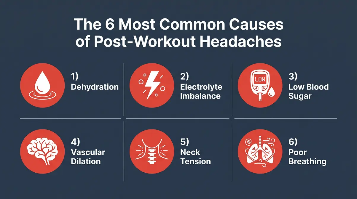 Infographic showing 6 causes of headaches after workout including dehydration, low blood sugar, and neck tension