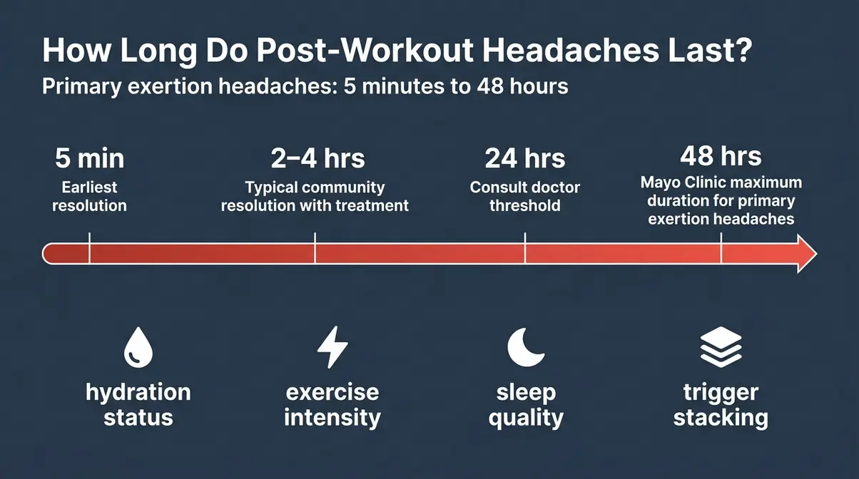Timeline showing how long post-workout headaches last from 5 minutes to 48 hours with recovery factors
