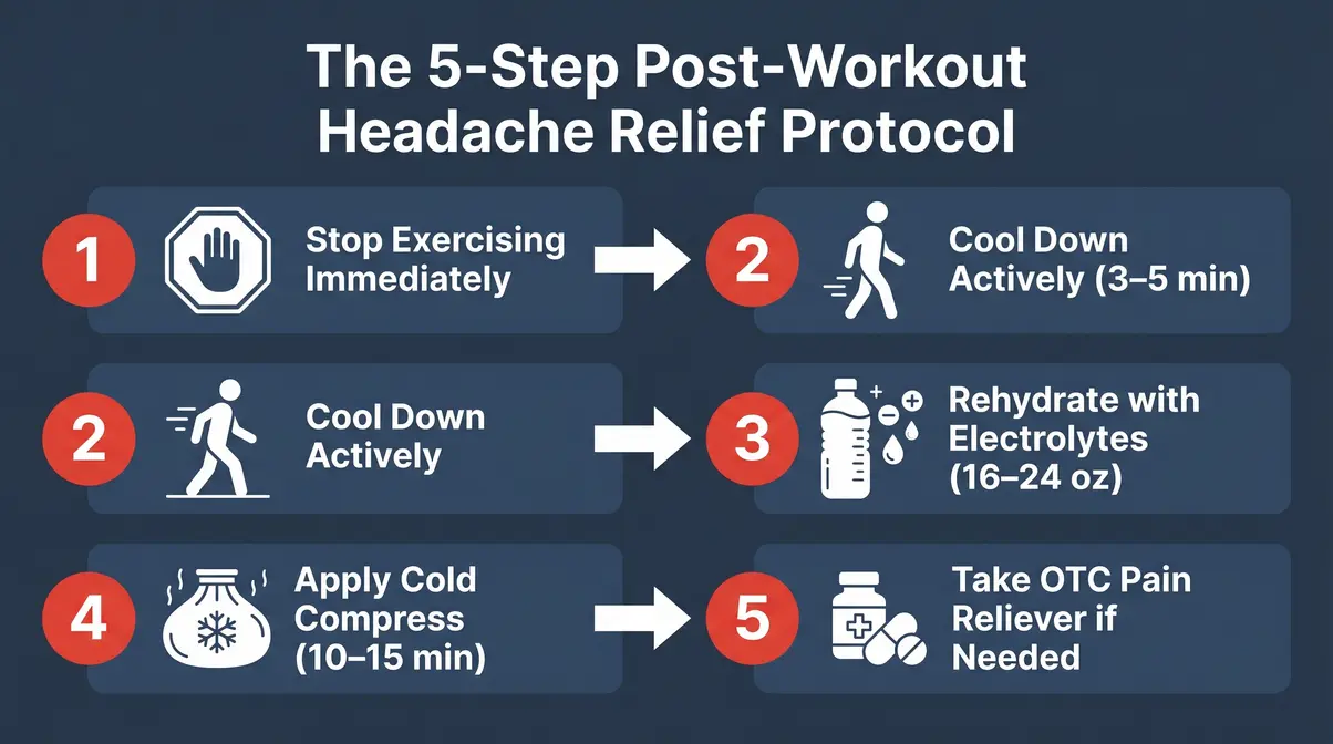 Step-by-step relief protocol for headaches after workout showing stop, cool down, hydrate, compress, medicate
