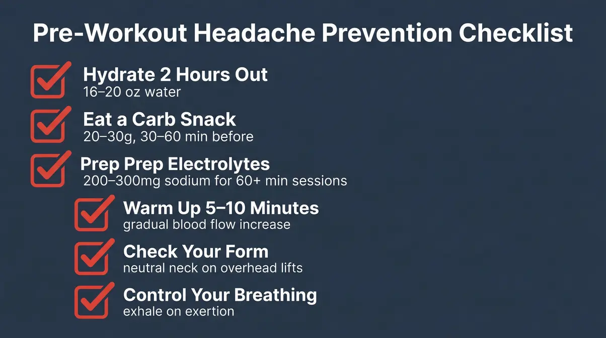 Prevention checklist showing 6 steps to stop headaches after workout before they start