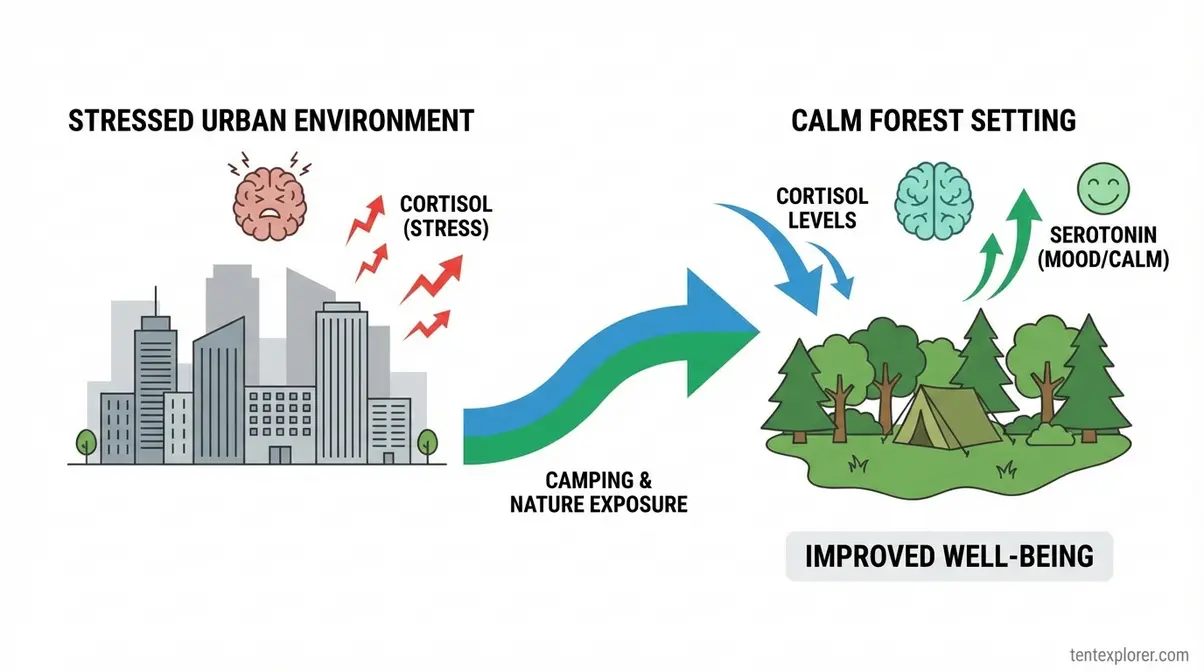 diagram showing how camping reduces cortisol levels and improves mental health through nature exposure