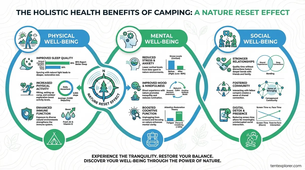 infographic showing physical, mental, and social health benefits of camping connected by The Nature Reset Effect framework