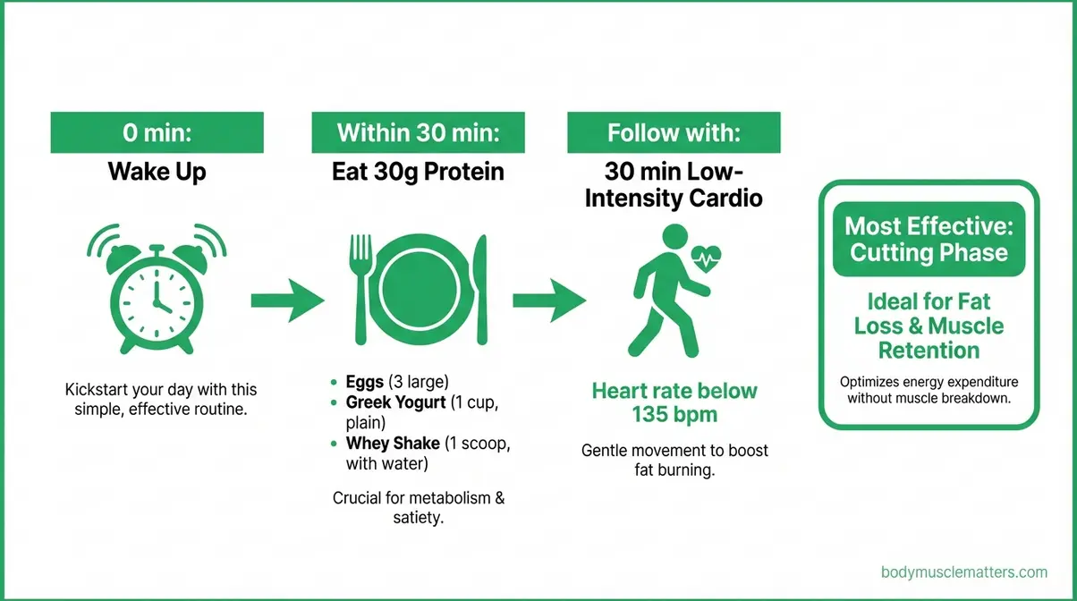 Visual timeline of the 30-30-30 breakfast rule for bodybuilders showing protein timing, waking window, and low-intensity cardio