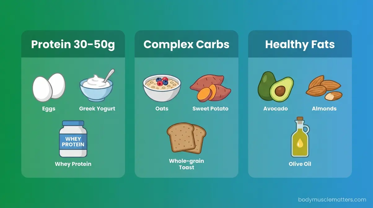 Three pillars of a bodybuilder breakfast showing protein, complex carbohydrates, and healthy fat food sources